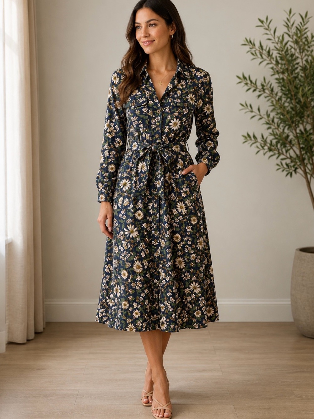 Cara Cara Navy Floral Long-Sleeve Belted Shirt Dress